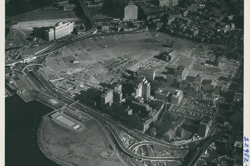 A historoci image of West End Boston, cleared completely of buildings to make way for a massive urban renewal program that would include the city's present-day City Hall.